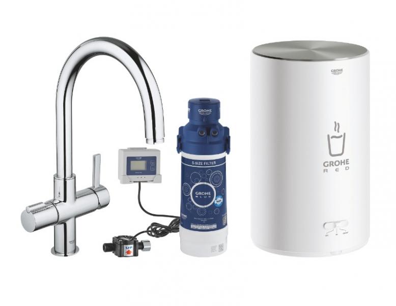Grohe Red Duo II Nordic k&oslash;kkenbatteri m/3L vandvarmer og C-tud - Krom
