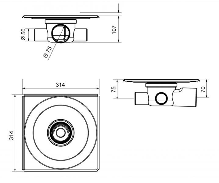Unidrain Kvadrat Armatur - lavt udl&oslash;bshus, vandret udl&oslash;b &Oslash; 75 mm
