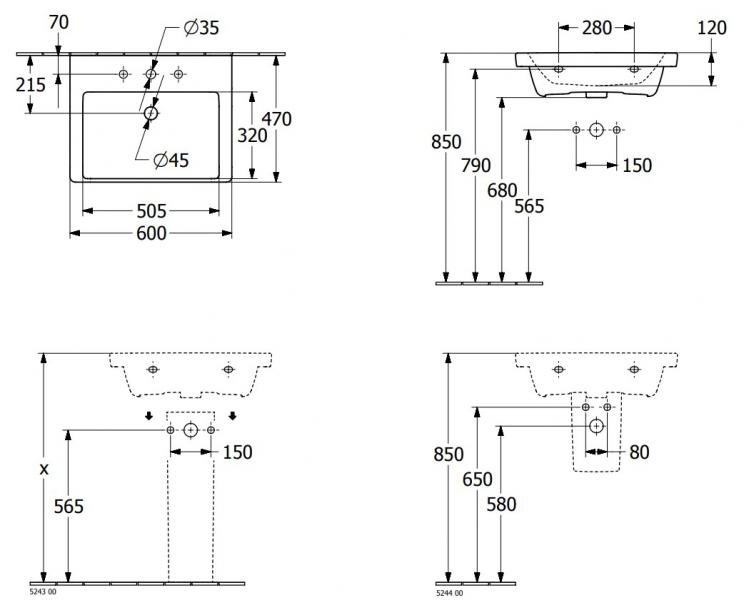 V&B Subway 3.0 60 h&aring;ndvask t/v&aelig;g - 1/3 hanehuller