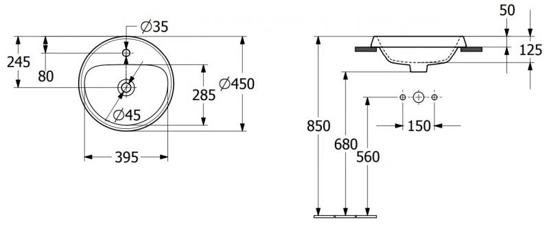 V&B Architectura &Oslash;45 h&aring;ndvask t/nedf&aelig;ldning - Med overl&oslash;b - 1 hanehul