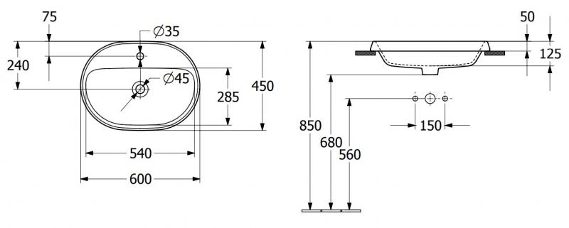 V&B Architectura 60 h&aring;ndvask t/nedf&aelig;ldning - 1/3 hanehuller