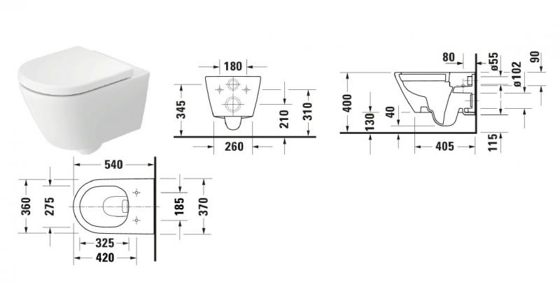 Duravit D-code 54 rimless væghængt toilet m/skjult montering Duravit D-code 54 rimless væghængt toilet m/skjult montering