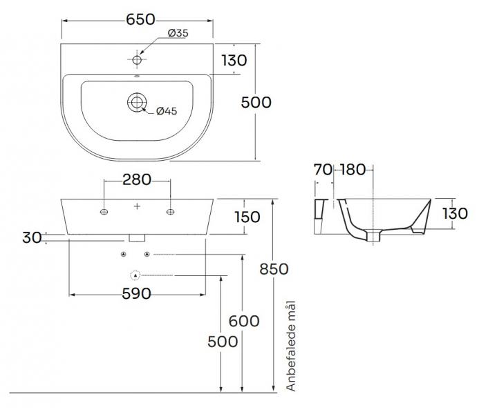 Lavabo Forma 65 håndvask t/væg eller møbel - 1 hanehul - Cocoa Lavabo Forma 65 håndvask t/væg eller møbel - 1 hanehul - Cocoa