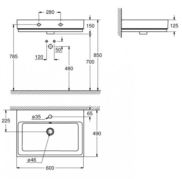 Grohe Cube 60 håndvask t/væg - 1/3 hanehul - PureGuard Grohe Cube 60 håndvask t/væg - 1/3 hanehul - PureGuard