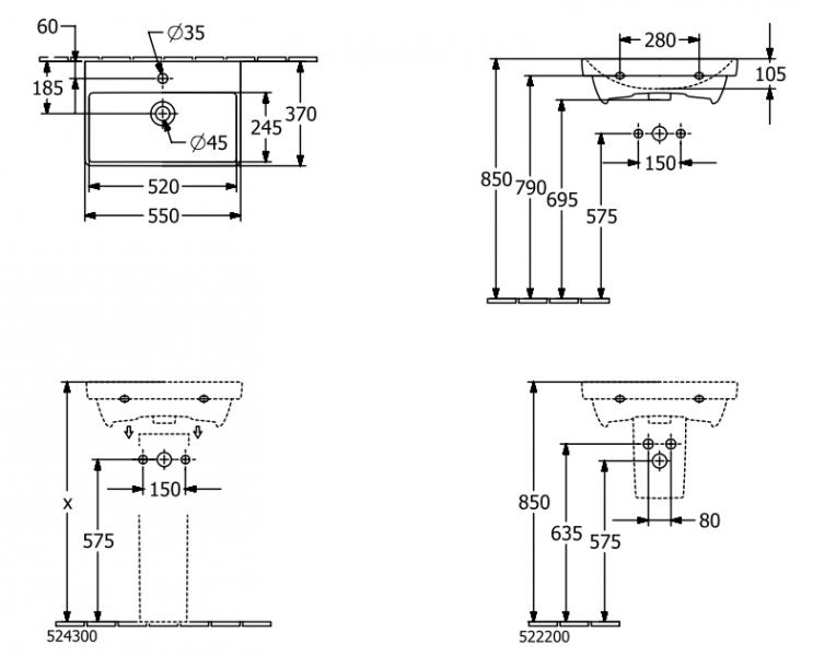V&B Avento 55 kompakt h&aring;ndvask t/v&aelig;g