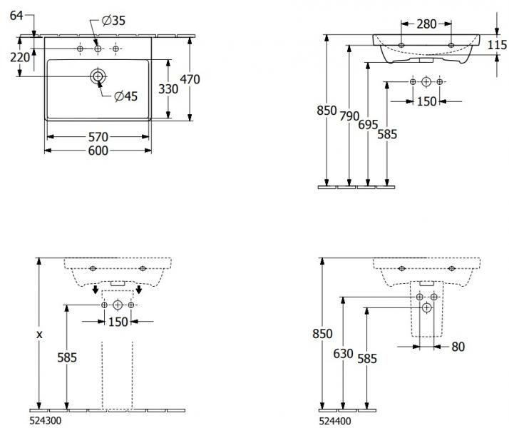 V&B Avento 60 h&aring;ndvask t/v&aelig;g - 1/3 hanehuller