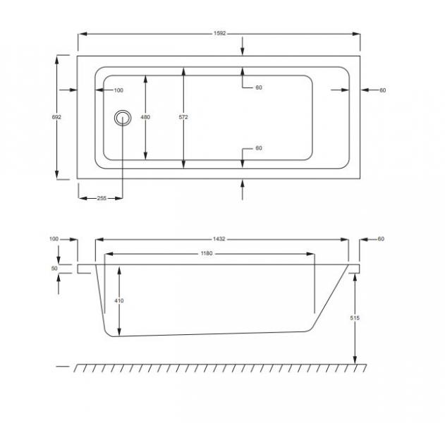 Str&oslash;mberg Quantum badekar t/indbygning - 160 x 70 - 1 rygl&aelig;n - m/Carronite