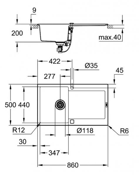 Grohe K500 k&oslash;kkenvask m/afl&oslash;bsbakke i komposit - Sort granit