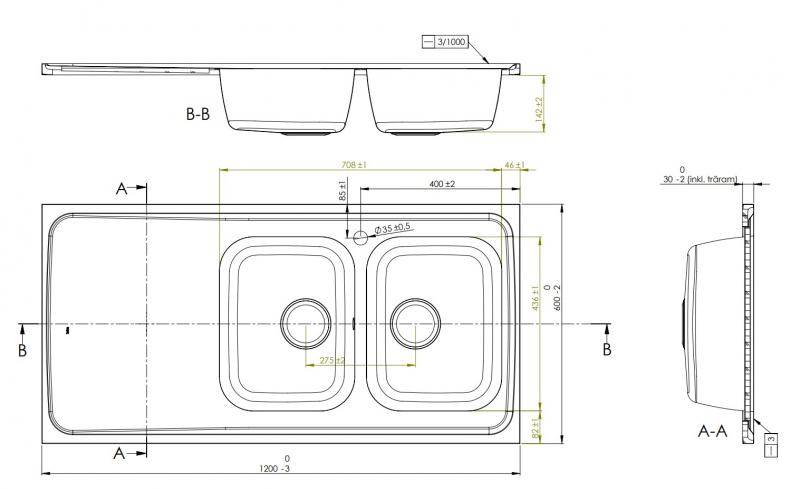 Intra AH12-KV st&aring;lbordplade k&oslash;kkenvask - Vendbar - Dobbelt - 120 cm