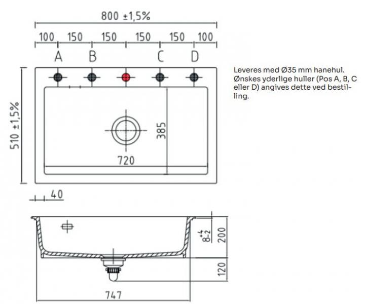 Lavabo Mera 90 porcel&aelig;nsk&oslash;kkenvask - Vask til h&oslash;jre/krom afl&oslash;b
