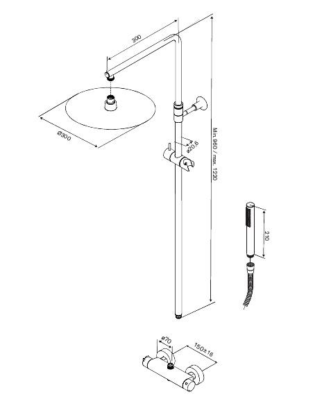 Damixa Iris 300 komplet brusesystem m/termostat - Steel