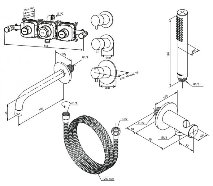 Damixa Silhouet BS 2 komplet badekararmatur til indbygning - Steel Damixa Silhouet BS 2 komplet badekararmatur til indbygning - Steel