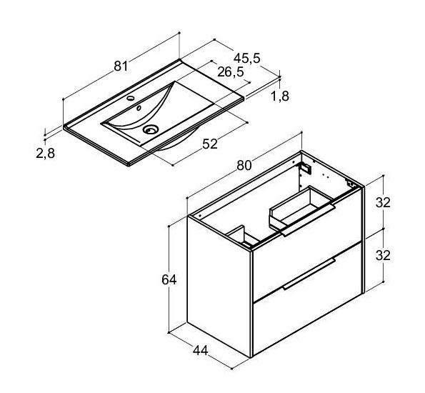 Dansani Mido+ Classic 81 m&oslash;bels&aelig;t m/Amber vask og 2 skuffer - Mat sand