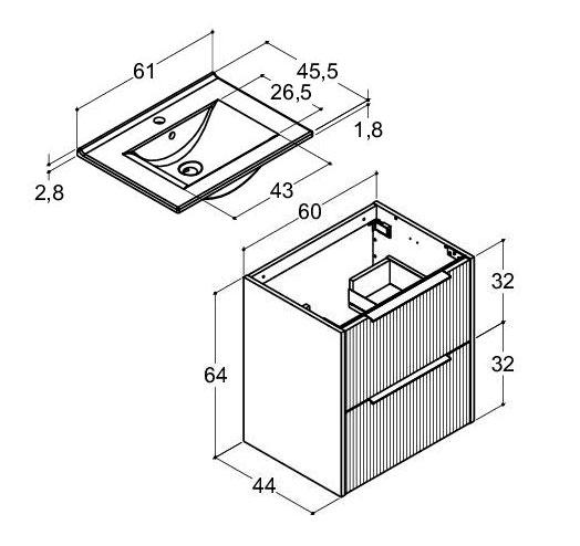 Dansani Mido+ Classic 61 møbelsæt m/Amber vask og 2 skuffer - Striber/mat lyseblå Dansani Mido+ Classic 61 møbelsæt m/Amber vask og 2 skuffer - Striber/mat lyseblå