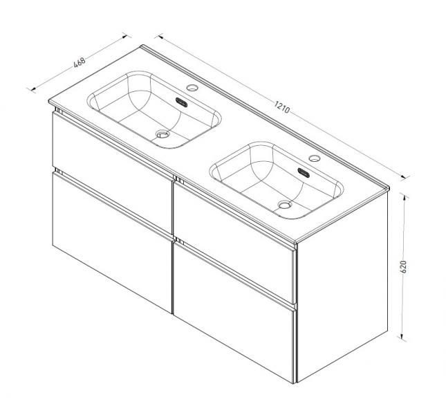 Sanibell Proline 120 møbelsæt m/4 asymmetriske skuffer og dobbeltvask - Sort eg Sanibell Proline 120 møbelsæt m/4 asymmetriske skuffer og dobbeltvask - Sort eg