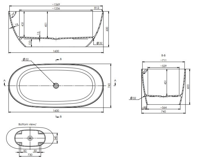 Str&oslash;mberg Arden fritst&aring;ende badekar 1600 x 740 mm - Mat hvid
