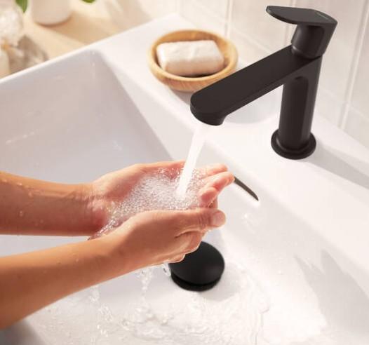 Hansgrohe Rebris S 110 h&aring;ndvaskarmatur m/CoolStart og bundventil - Mat sort