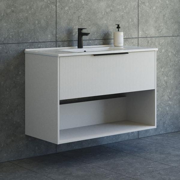 Dansani Mido+ Classic 101 m&oslash;bels&aelig;t m/Amber vask, 1 skuffe og &aring;bent rum - Striber/mat sand